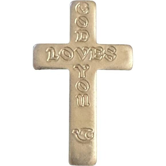 Vintage Catholic God Loves You Silver Tone Pocket Cross Medal 1.5" - Picture 2 of 6